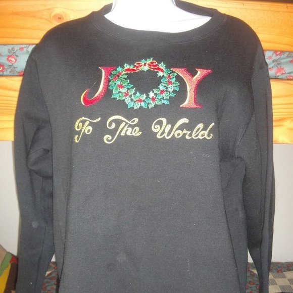 QUACKER FACTORY * Joy to the World embroidered BLACK Tunic Sweatshirt TOP * S M - Picture 2 of 7